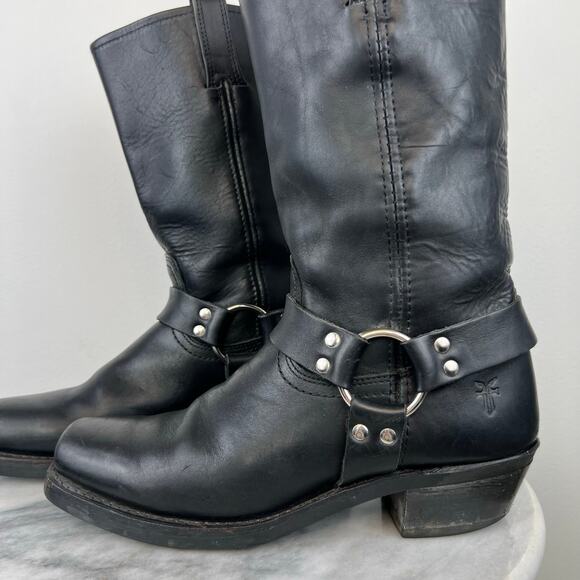 Frye Harness Black Leather Moto Mid-Calf Block Heel Square Toe Boots (Sz 10) - Picture 9 of 14